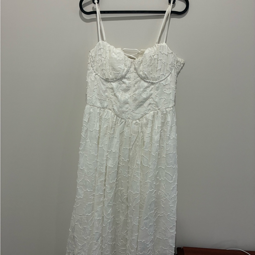 Elegant White Midi Corset Lace Dress L